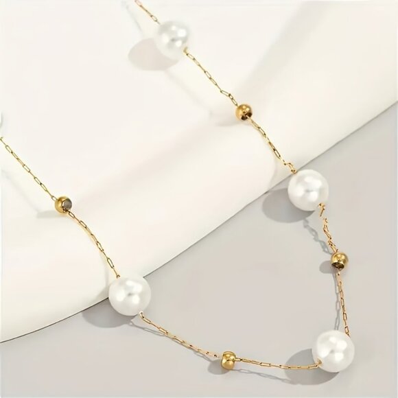3/$35 Sheer Line Chain Faux Pearl & Gold Bead Floating Choker Necklace Jewelry - Picture 4 of 7